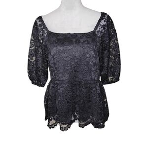 Nanette Lepore Lace Peplum Top Black M NWT Square Neck Puff Sleeve Holiday Party